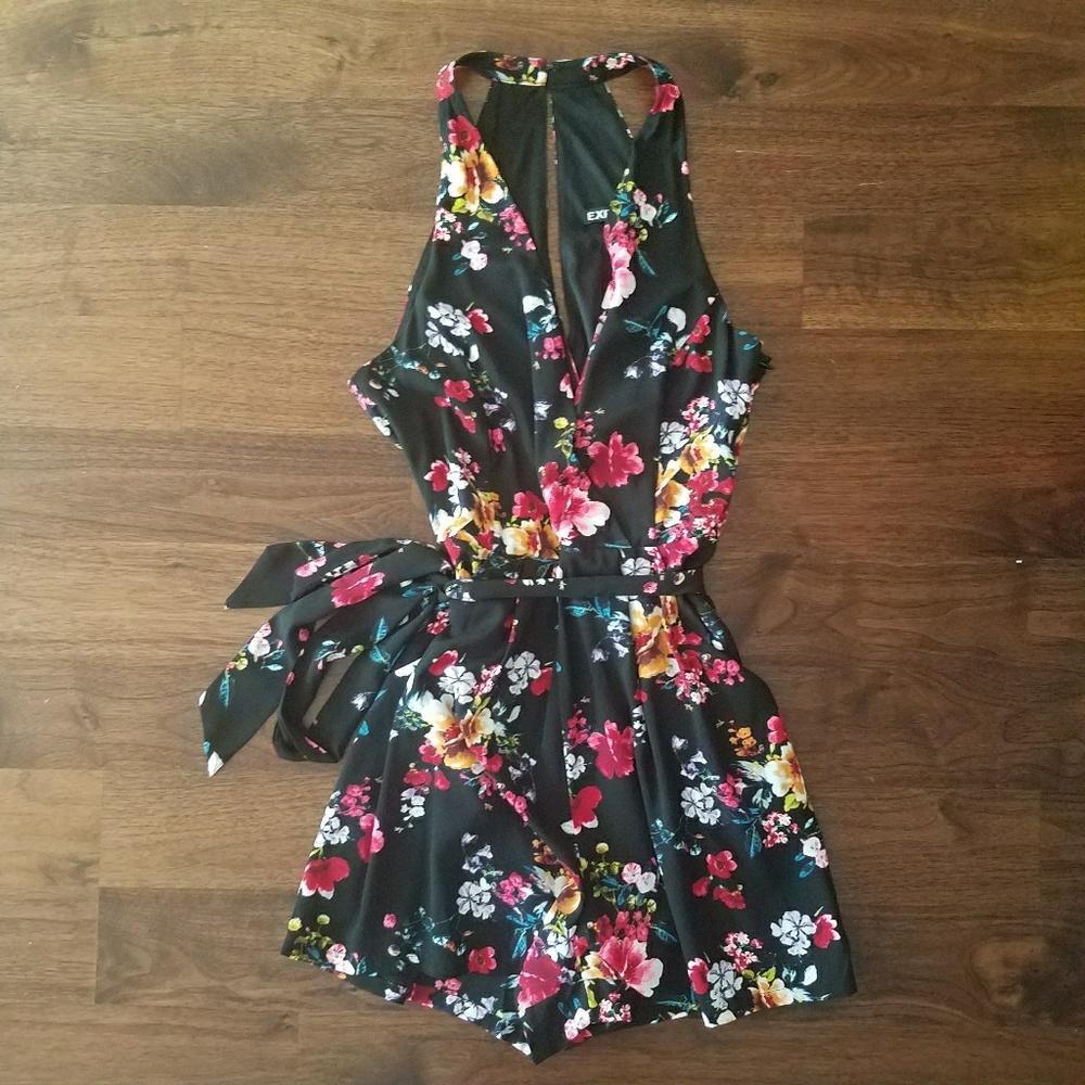 Express Black Floral V-Neck Romper with Waist Tie